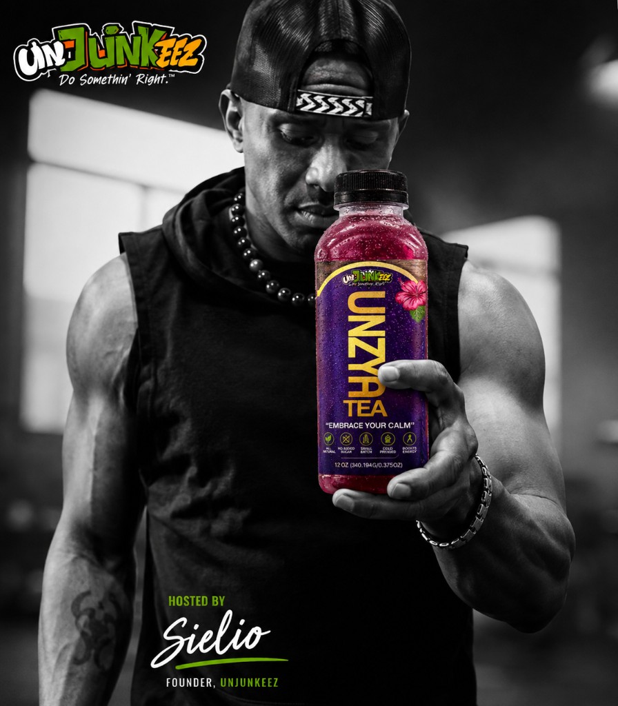 Sielio, founder of UnJunkEEz, holding a bottle of Unzya Tea